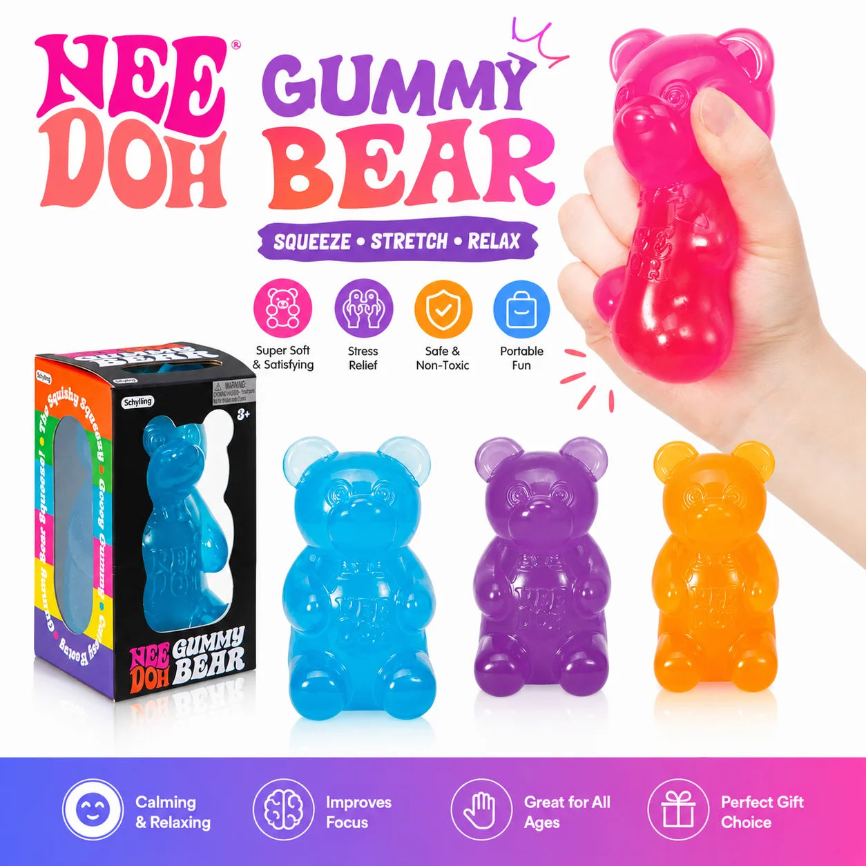 NeeDoh Gummy Bear Squishy Toy Soft Stress Relief Sensory Fidget Squeeze Toy for Kids & Adults Non-Toxic Anxiety Relief Desk Toy